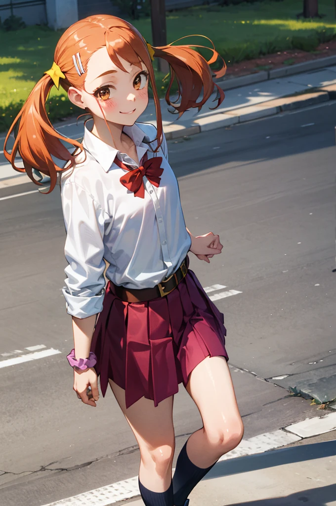 masterpiece, best quality, highres, 1girl,***,,,flat chest, anjou naruko, hairclip,, school uniform, sleeves rolled up, wrist scrunchie, belt, white shirt, red skirt, socks, twintails, standing, outdoors, smile,