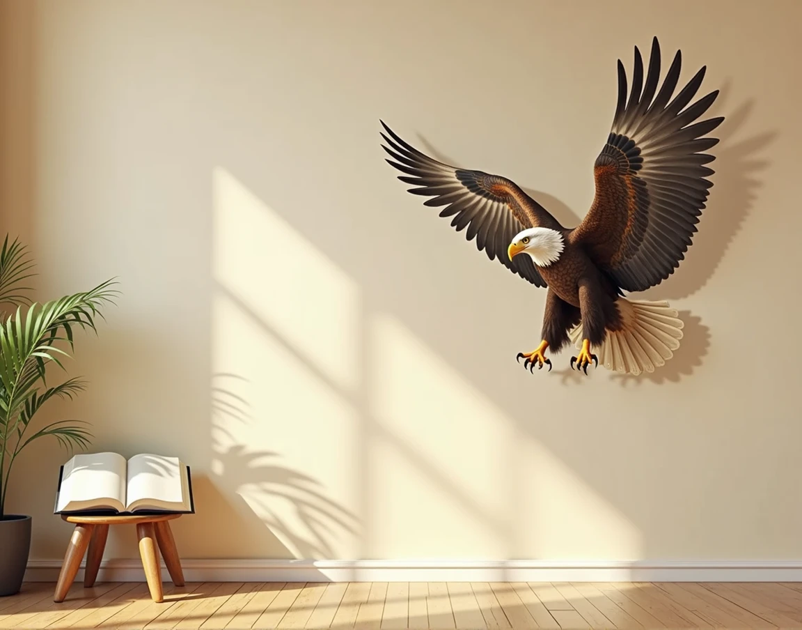 a beige wall with a picture of an eagle on the wall, the photo must be in the right corner of the wall, in the left corner an open bible