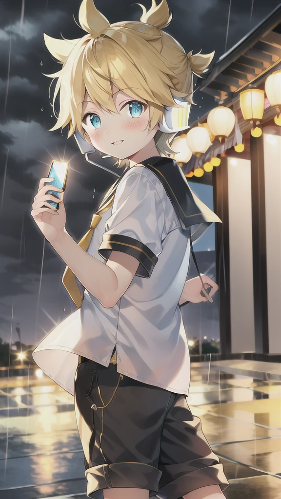 best quality,  boy, Kagamine Len, cute,, over small sailor uniform, shorts, necktie, earphone, parted lips, full blush, dancing in a rainy dark night, sweetly smiling to the viewer,