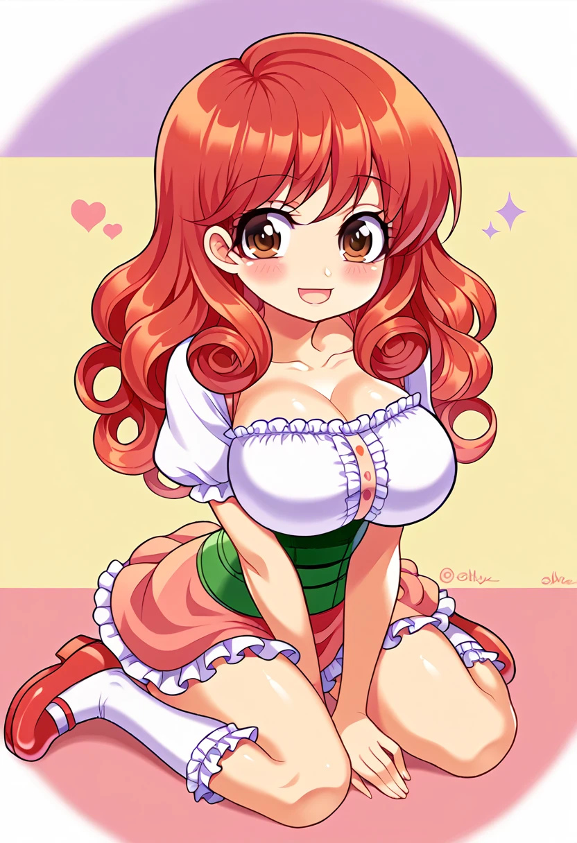 Cute, woman, short red curly hair, brown eyes, big breasts, hourglass body, small waist, ruffle bow blouse, pastel skirt, Mary Jane shoes, white lacy stockings, yandere trance expression, sitting on knees, obsessive