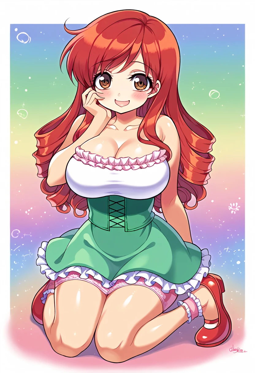 Cute, woman, short red curly hair, brown eyes, big breasts, hourglass body, small waist, ruffle bow blouse, pastel skirt, Mary Jane shoes, white lacy stockings, yandere trance expression, sitting on knees, obsessive