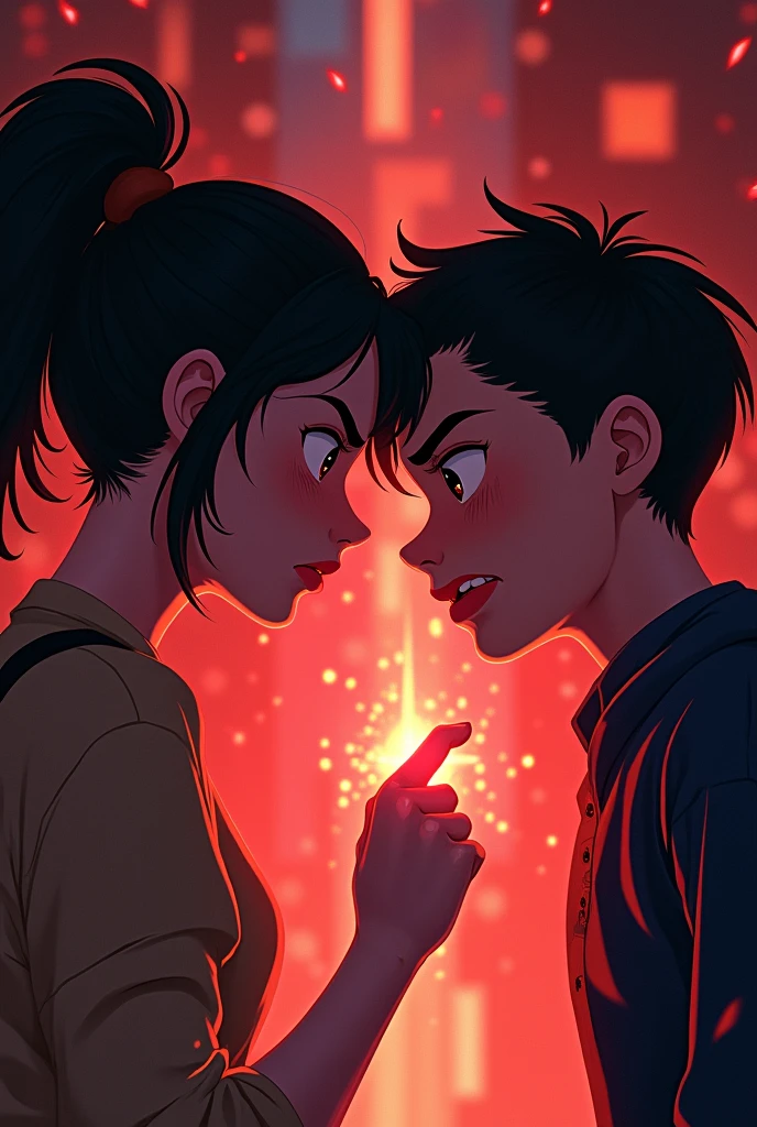 Young woman angry with a rude boy taller than her. He has a hidden hand and is doing magic without him realizing it, while he stares at it. They are both dressed in red and black. animated