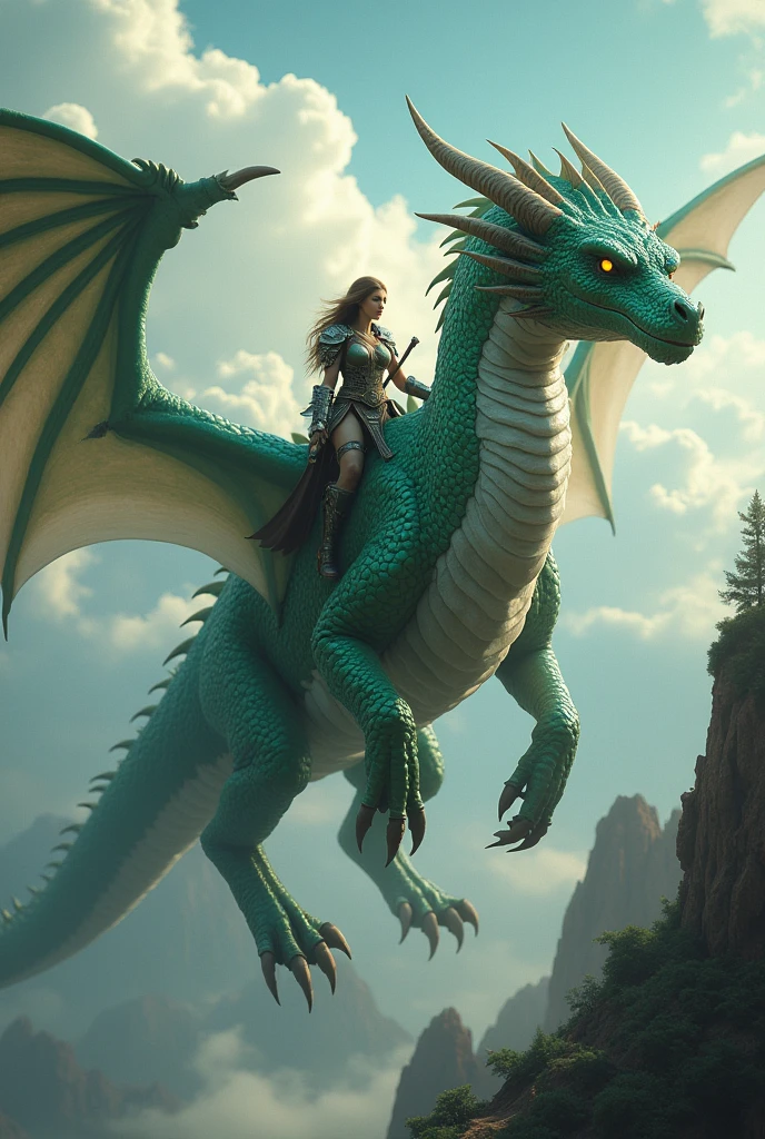 A giant green and white dragon with a female warrior riding it