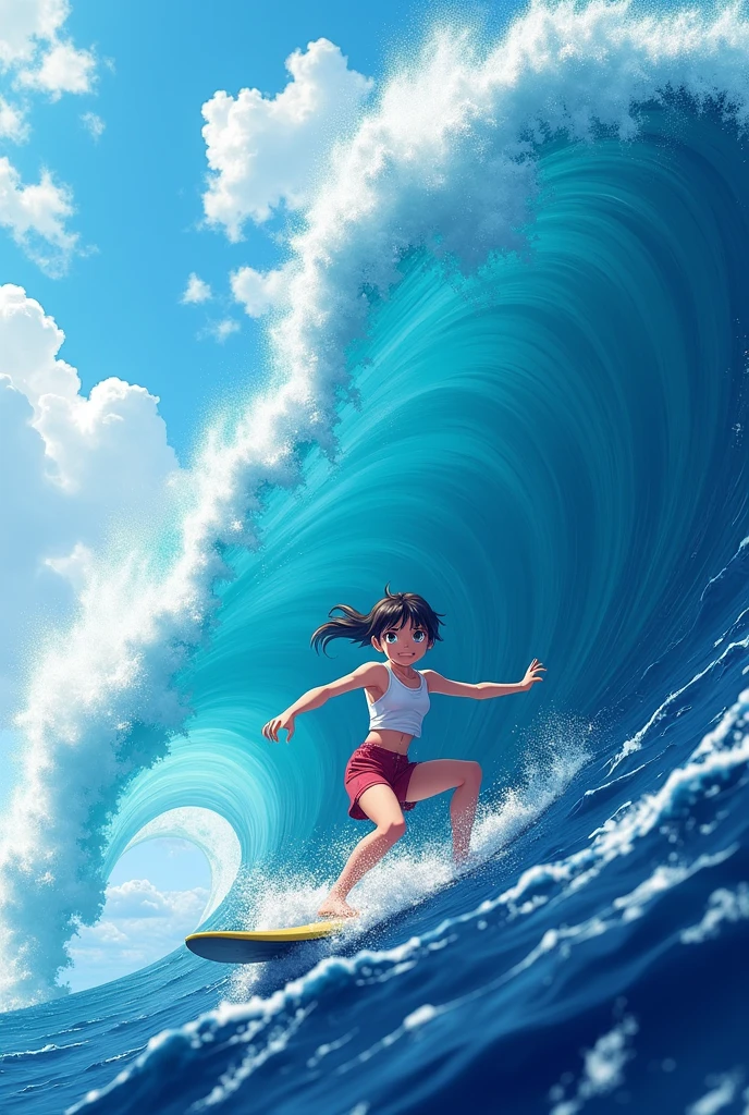 anime character surfing a very high wave, very blue wave with effects