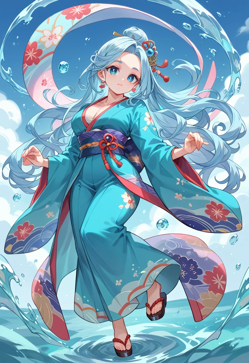 full body illustration, magical dance pose, gorgeous female air and water wizzard in traditional kimono, magical female monk, blue shiny eyes, gorgeous big cute eyes, gorgeous woman, big chest