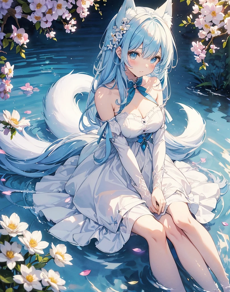 (high quality, 8k), (Soft Light), Iridescent, One nekoGirl, neko ears, fox tail,Detailed face, Beautiful Eyes, watercolor paiting, So magical and dreamy, Dreamy details, Dreamy atmosphereとドラマ, Gorgeous atmosphere, Fantastic and beautiful lighting, Dreamy atmosphere, Beautiful atmosphere, Dreamy Romantic, Fantastic and dreamy theme, Magical atmosphere, Beautiful atmosphere, Anime Background Art, Magical atmosphere + Tabletop, Dreamy aesthetics, Beautiful details with atmosphere, Lots of flowers, bubble, water, garden, Sit on the ground, Shining Eyes. (((Light blue hair))), (((white cat ears))), (((light blue fox tail))). Water. little cute foxies around her