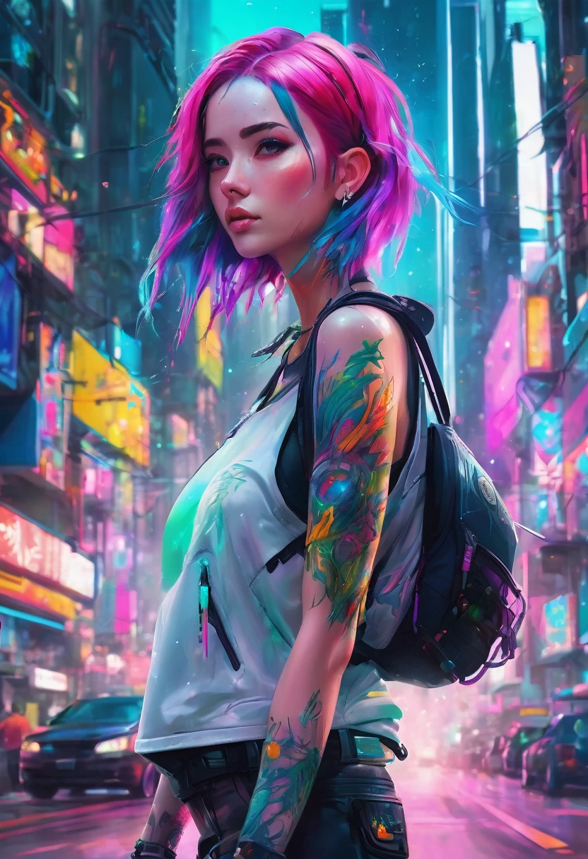 A woman with colorful hair and tattoos standing in a city., RossDraws Vibrant Pastel, rossdraws vibrant cartoons, cyberpunk vibrant colors, colorful digital painting, colorful art germ!!!, dreamy colorful cyberpunk colors, gorgeous digital art, digital cyberpunk - anime art, inspired by rossdraws, colorful aesthetics, cyberpunk style color, 80&#39;s airbrush aesthetic, Vibrant digital painting