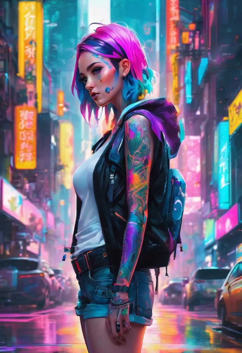 A woman with colorful hair and tattoos standing in a city., RossDraws Vibrant Pastel, rossdraws vibrant cartoons, cyberpunk vibrant colors, colorful digital painting, colorful art germ!!!, dreamy colorful cyberpunk colors, gorgeous digital art, digital cyberpunk - anime art, inspired by rossdraws, colorful aesthetics, cyberpunk style color, 80's airbrush aesthetic, Vibrant digital painting