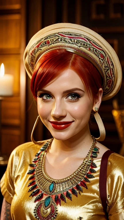 Hayley williams wearing sexy traditional Mesopotamian clothing wearing lipstick and smiling