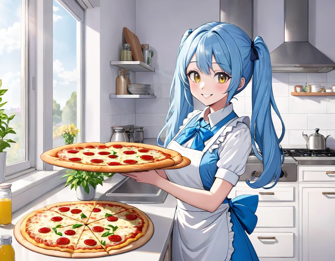 Light blue long hair、Beautiful girl with twin tails、Making a big pizza in an apron、Bright smile、Bright, sunny kitchen、There are lots of margaret flowers on the windowsill.、