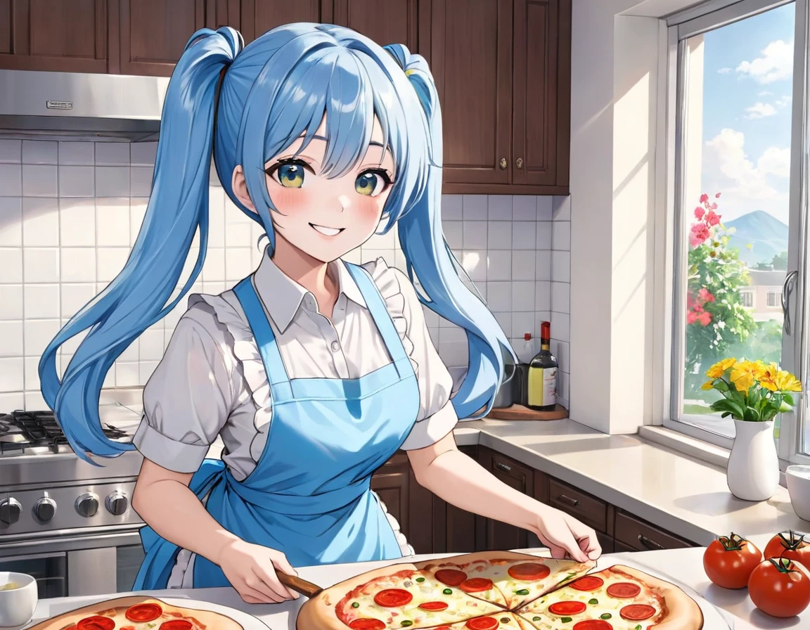 Light blue long hair、Beautiful girl with twin tails、Making a big pizza in an apron、Bright smile、Bright, sunny kitchen、There are lots of margaret flowers on the windowsill.、