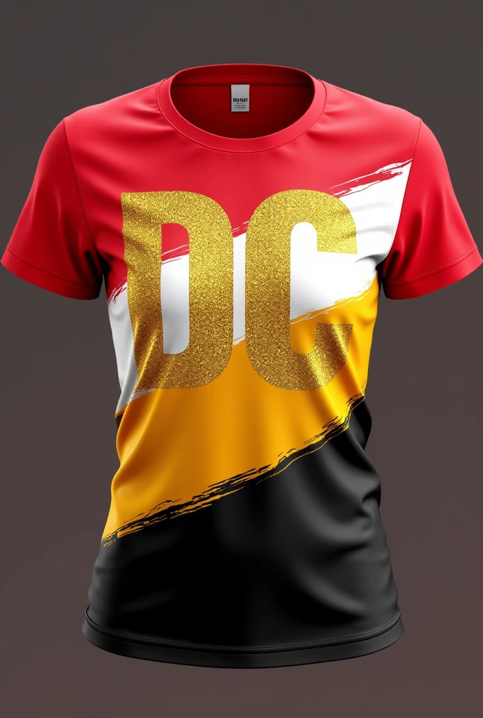 Clothing Women&#39;s dance team t-shirts in red, white, yellow and black with DC initials with glitter