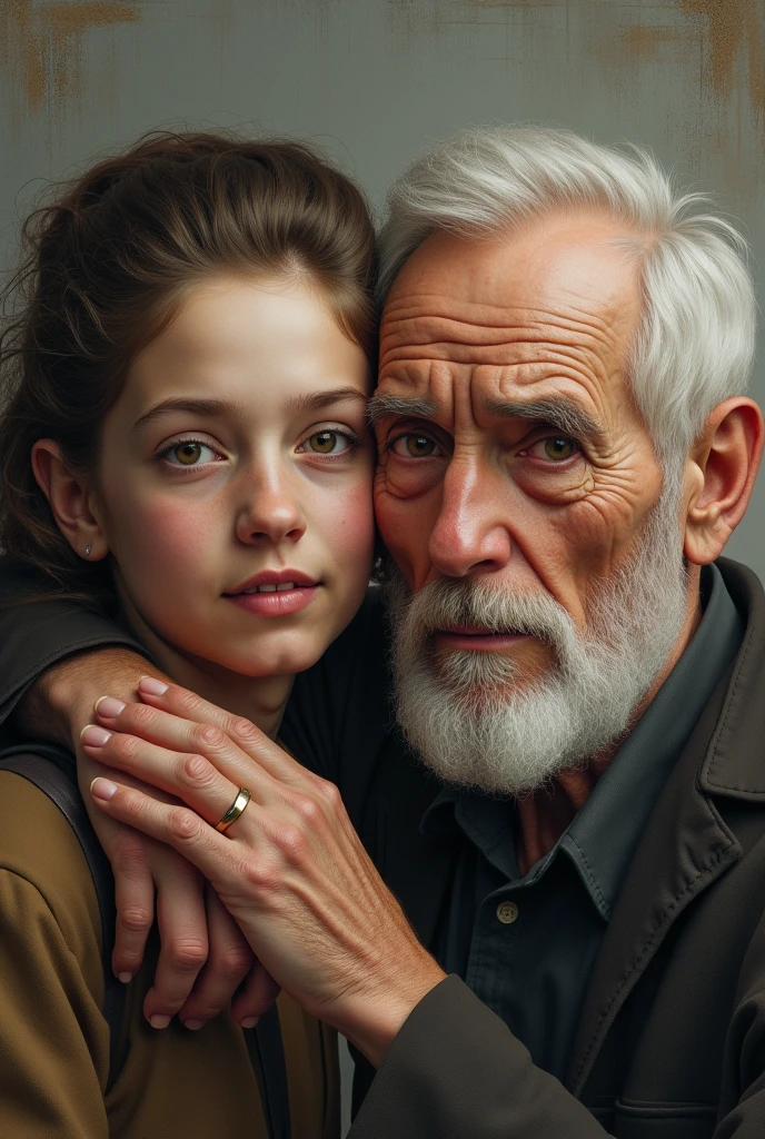 A person as a ager and the same person but in old age holding hands, being real people and not animated ones