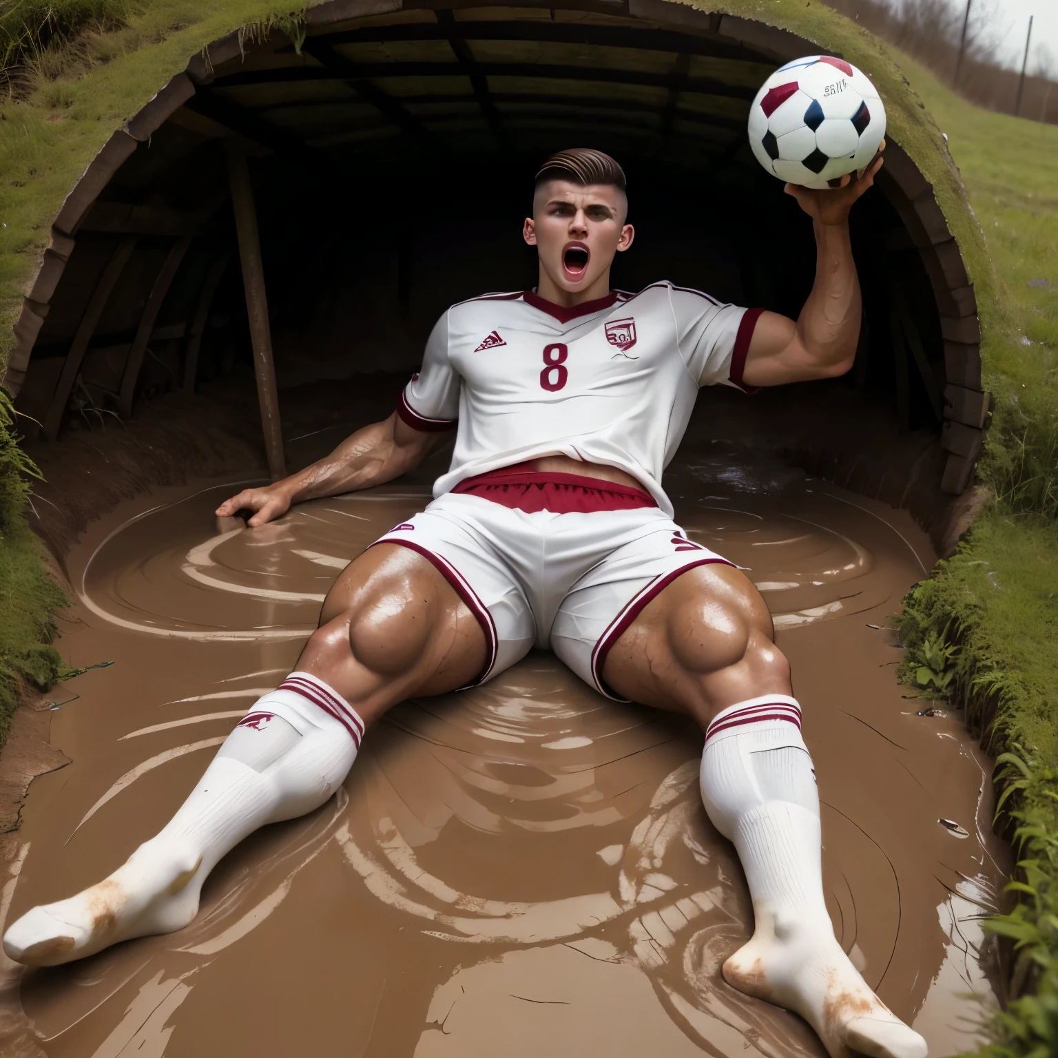 full body view, one young white european cute Soccer college boy with undercut clean shaved haircut , in muddy burgundy soccer jersey, muddy white soccer shorts, in his muddy long high white soccer socks, no shoes, lying, stuck in mud, terrified, screaming, his muddy socks must be seen