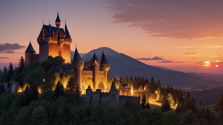 A large, ancient medieval castle built on top of a hill, with high towers and a drawbridge. The castle is surrounded by a dense, dark forest. The sky is painted in warm hues of orange and pink as the sun sets behind the mountains in the background. The castle’s windows glow faintly with candlelight, adding a mysterious, enchanting atmosphere.