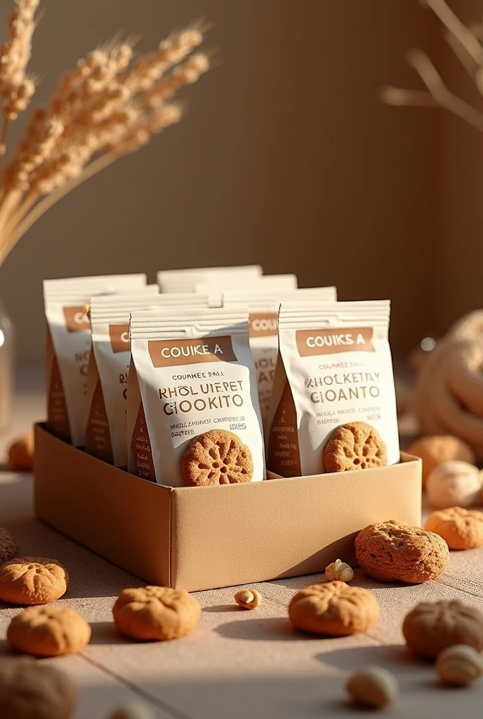 (photorealism:1.2), Propose a graphic design of a company called "DELICIAS GOURMET SA" which specializes in whole wheat cookies with nuts, several small horizontal packages, 138 g cookies, that is most attractive to the target consumer, that conveys the image of a healthy product and complies with labeling regulations (nutritional information, ingredients, etc.) SMALL PACKAGE WITH 6 UNITS OF COOKIES 138 G (6 Cookies) Cookie bags in sliding boxes