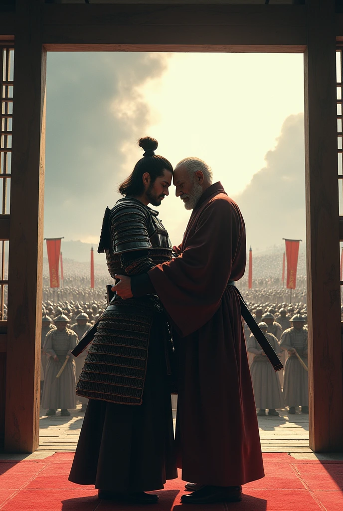 A samurai dojo being seen off by his master before battle With a hug Army in the background


