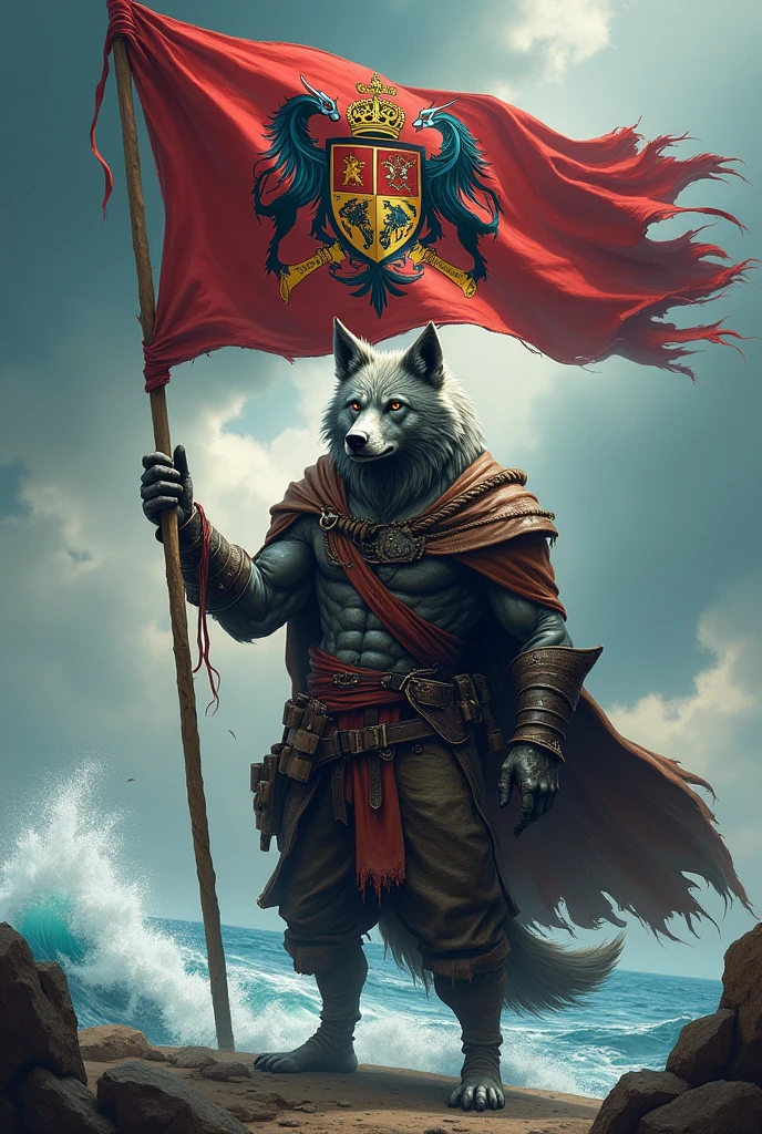 Pirate wolf holding flag with scruple coat of arms Lone Wolf studio Art 

