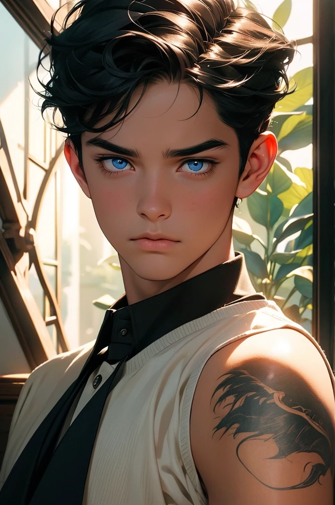 a young man with short black hair, wearing a schoolboy outfit, holding a wand, has a wizard-like appearance with an animal tattoo, has blue eyes and a grumpy look, in a medieval-style classroom, at a magic school, beautiful eyes, delicate features, soft colors, serene atmosphere, high quality, detailed, photorealistic, photo-realistic:1. 37, 4k, ultra-detailed, extremely detailed, hyperrealistic, highly detailed, masterpiece:1.2, vibrant colors, natural lighting, cinematic, dramatic, fantastic, magical, surreal.