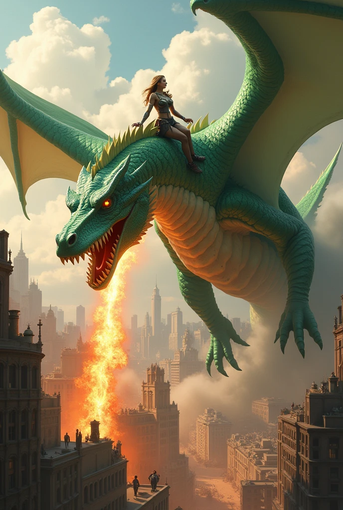A giant green and white dragon with a female warrior riding it, spitting fire on a city.
