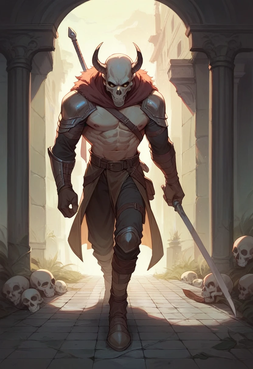 1 warrior walking on a tile and on that trail there is a skull on the ground 
