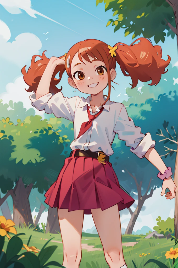 masterpiece, best quality, highres, 1girl,6yo,,,flat chest, anjou naruko, hairclip,, school uniform, sleeves rolled up, wrist scrunchie, belt, white shirt, red skirt, socks, twintails, standing, outdoors, smile,