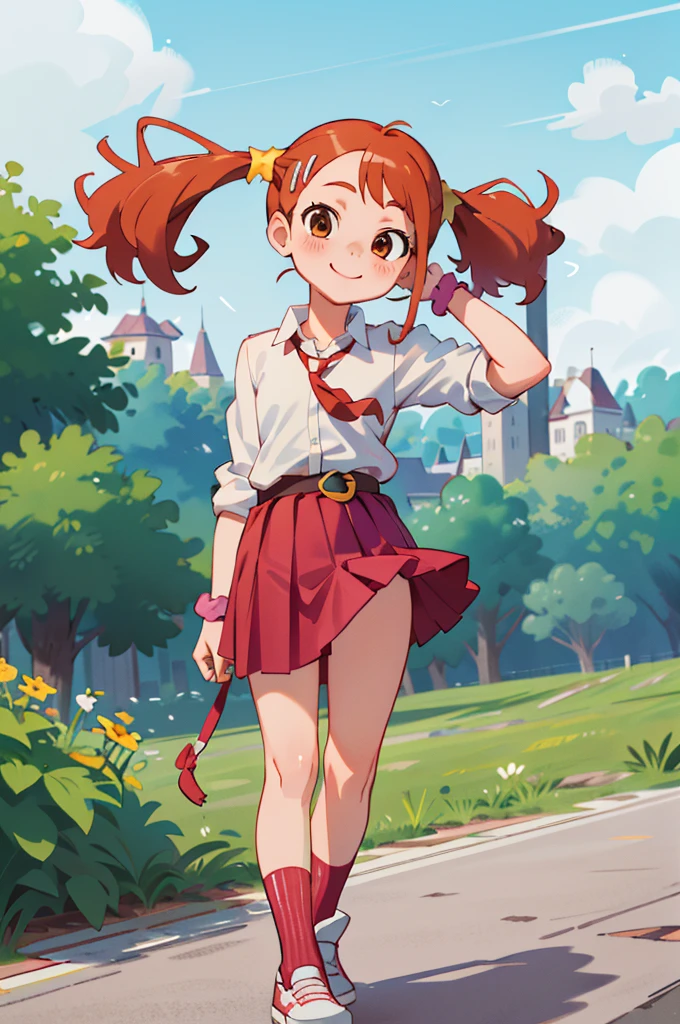 masterpiece, best quality, highres, 1girl,***,,,flat chest, anjou naruko, hairclip,, school uniform, sleeves rolled up, wrist scrunchie, belt, white shirt, red skirt, socks, twintails, standing, outdoors, smile,