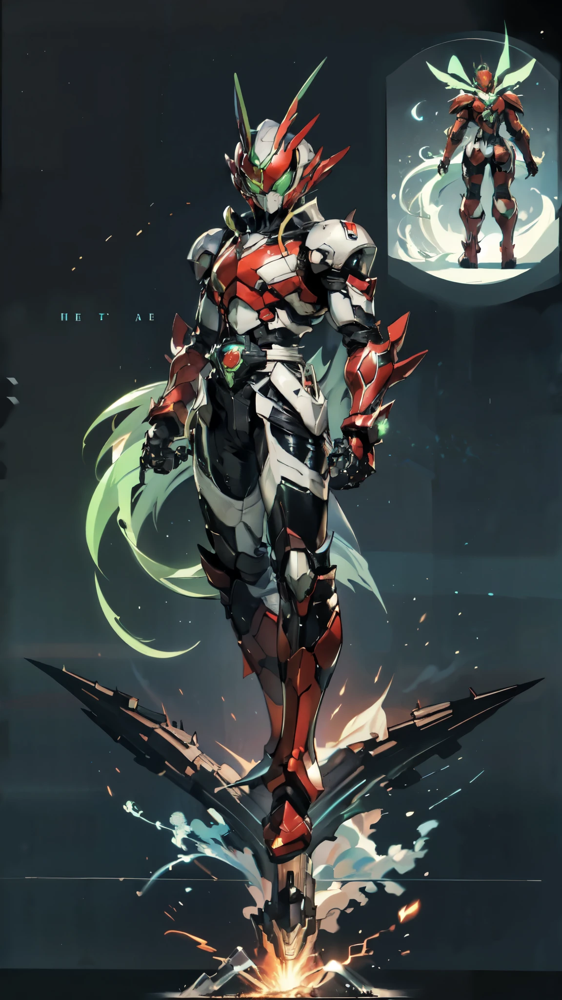 (masterpiece:1.5, best quality:1.5, extremely delicate:1.5), a man wearing a full-face helmet, a fantasy-style biotech armored combat suit, green eyes, (a composite layered chest armor), fully enclosed shoulder guards, matching arm and leg guards, belt of Neon circuit, (the color scheme is primarily black with green and red accents), the design balances heavy with agility, a high-tech bio-mecha armor, (Armor Concept Inspired by Kamen Rider, stand on the top of a skyscraper in a futuristic sci-fi city), this character embodies a finely crafted fantasy-surreal style armored hero in anime style, exquisite and mature manga art style, (element, plasma, energy, the armor glows), ((male:1.5)), metallic, high definition, highres, ultra-detailed, ultra-fine painting, professional, perfect body proportions, golden ratio, anatomically correct, symmetrical face, extremely detailed eyes and face, high quality eyes, creativity, RAW photo, UHD, 32k, Natural light, cinematic lighting, masterpiece-anatomy-perfect