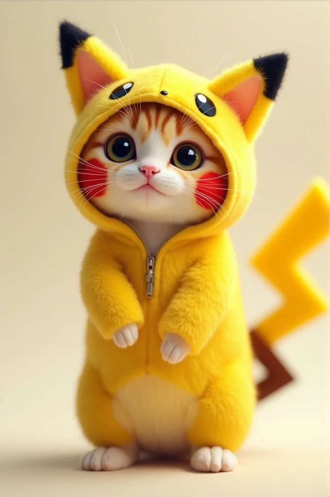 A cute cat wearing a Pikachu costume, standing up