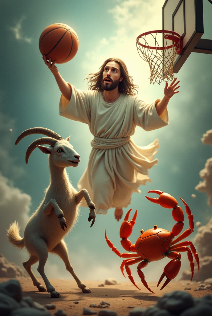 A goat, a crab and Jesus scoring a basketball 