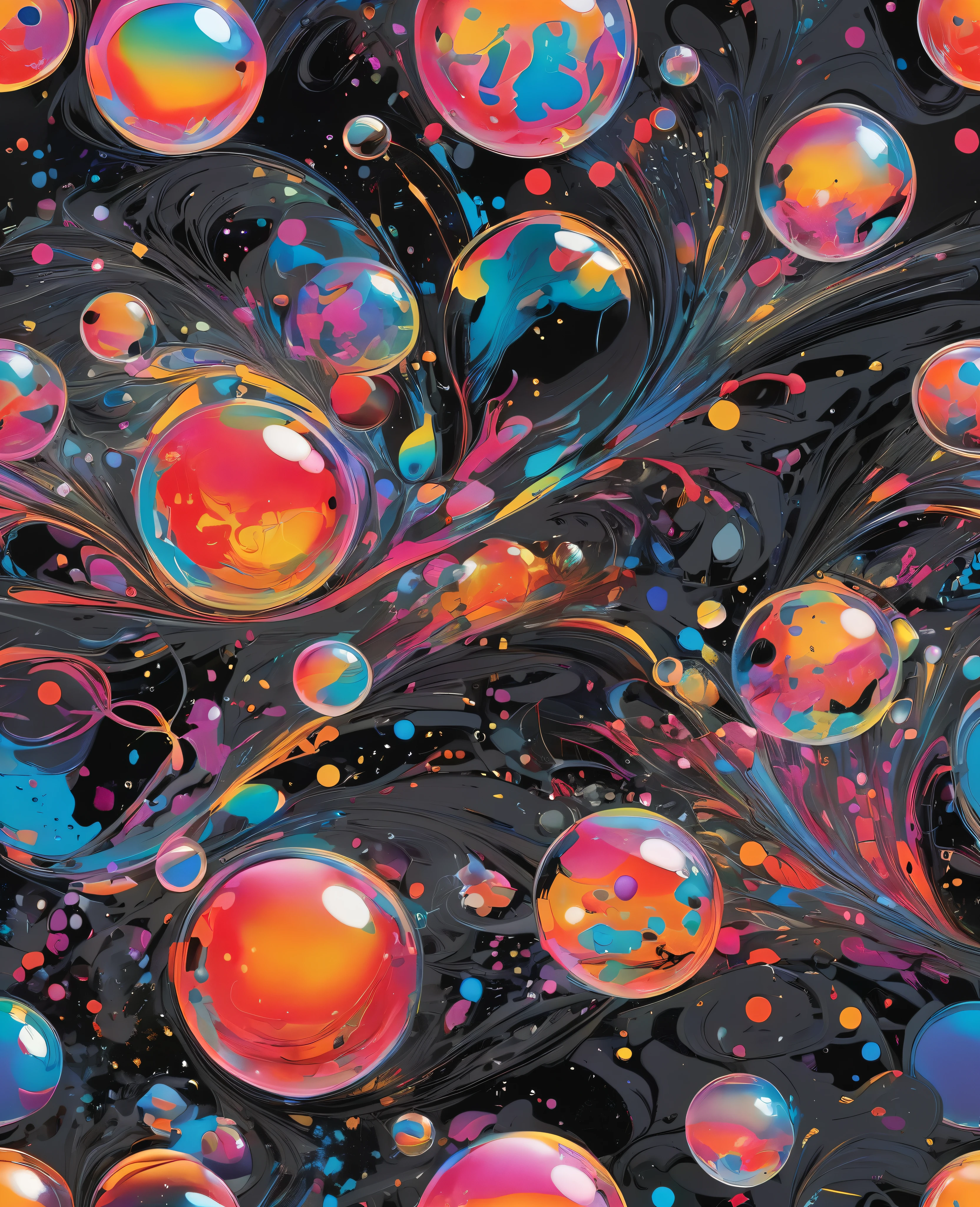 "An ultra-intricate 8K masterpiece inspired by Petra Cortright's graffiti and scribble style, featuring vibrant, holographic bubbles and swirling abstract patterns. The design is a professional, highly detailed representation set against a deep charcoal background, making the iridescent colors of the bubbles and dynamic patterns stand out. This composition merges elements of comics and contemporary art, showcasing an official artwork with exceptional quality and artistic brilliance. Each bubble is meticulously crafted, reflecting light and color with stunning realism, creating a visually captivating and dynamic piece."