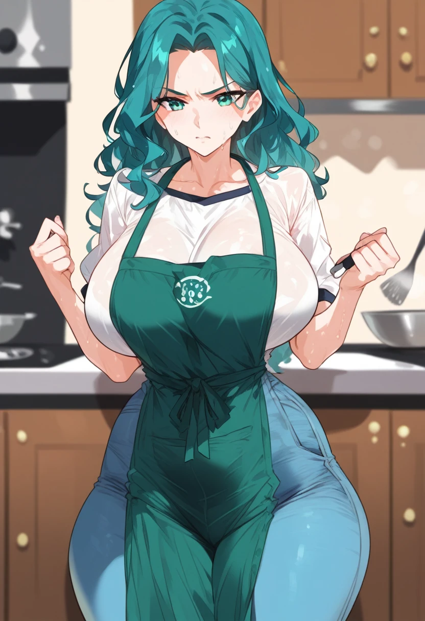 Adult, female, mature, long teal hair, messy teal hair, teal hair, perfect teal eyes, perfect teal irises, voluptuous figure, slender figure, tight jeans and green apron, (Masterpiece, Anatomically Correct, Accurate, Best Quality, Detail, High Details, Quality, Super Detailed, High Quality), standing in kitchen, tightening apron, determined, sweaty forehead, close up, side shot, front view, (SuperQuality:1.0) ~ (SuperQuality:1.2)