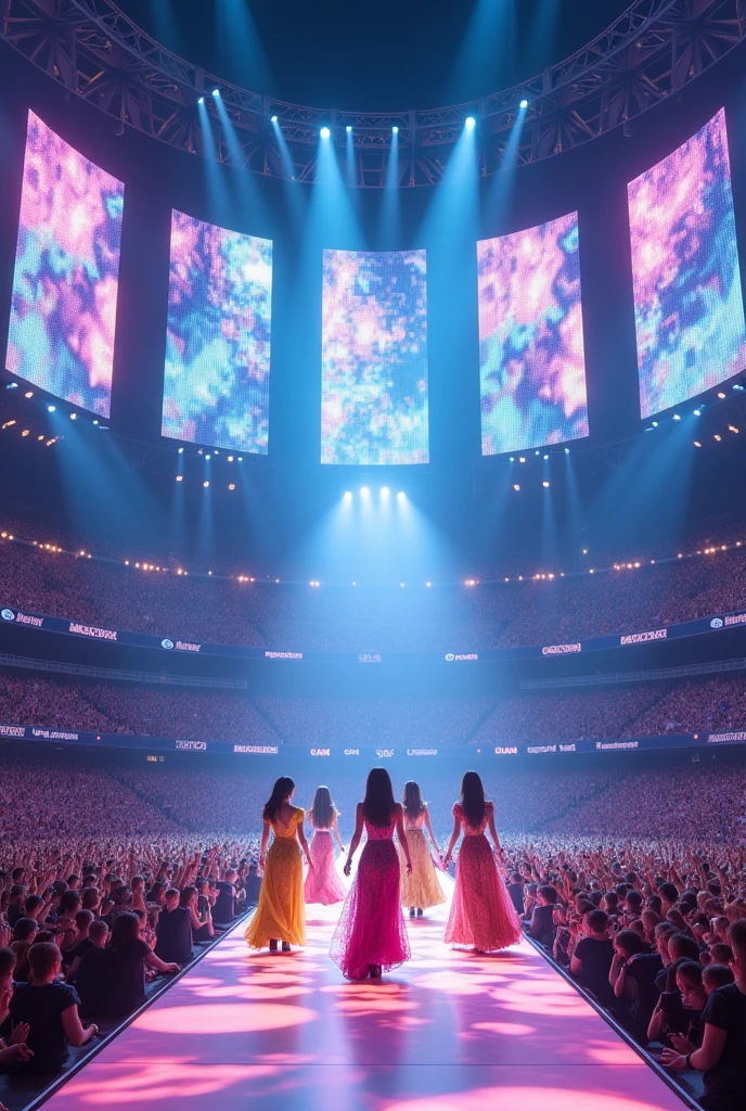 5 kpop female artists wearing dresses performing, wide long stage, huge round stadium filled with fans cheering, lights and big screens standing, concert