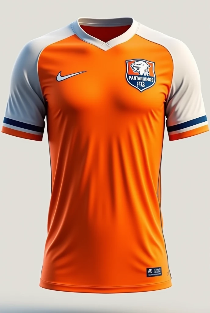 MAKE a plain orange and white shirt with all white sleeves and the Nike symbol on the right chest , and also a shield on the small left chest with a panther in front in white and orange and the name PANTARIANOS FC inside the shield.