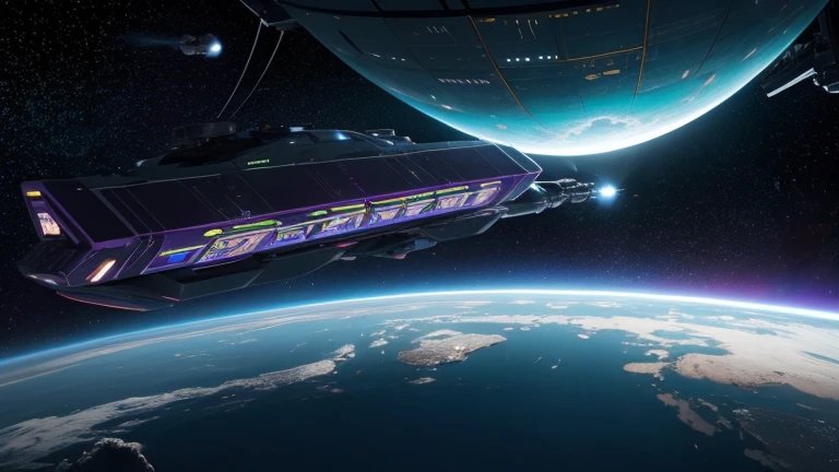 A massive, futuristic space station orbiting a distant planet with vibrant colors and rings. The space station is sleek, metallic, and covered in glowing lights, with various docking ports for spaceships. Surrounding the station is the vastness of space, filled with stars, distant galaxies, and nebulas in shades of blue, purple, and green. A spaceship is seen approaching the station.