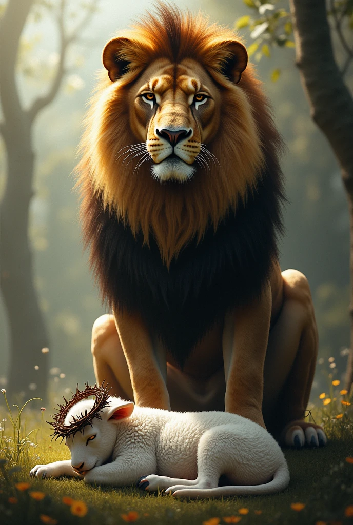 A big beautiful lion full of glory sitting with a big beautiful king&#39;s crown protecting in front of him a small sleeping baby lamb curled up with a crown of thorns dripping a little blood 
