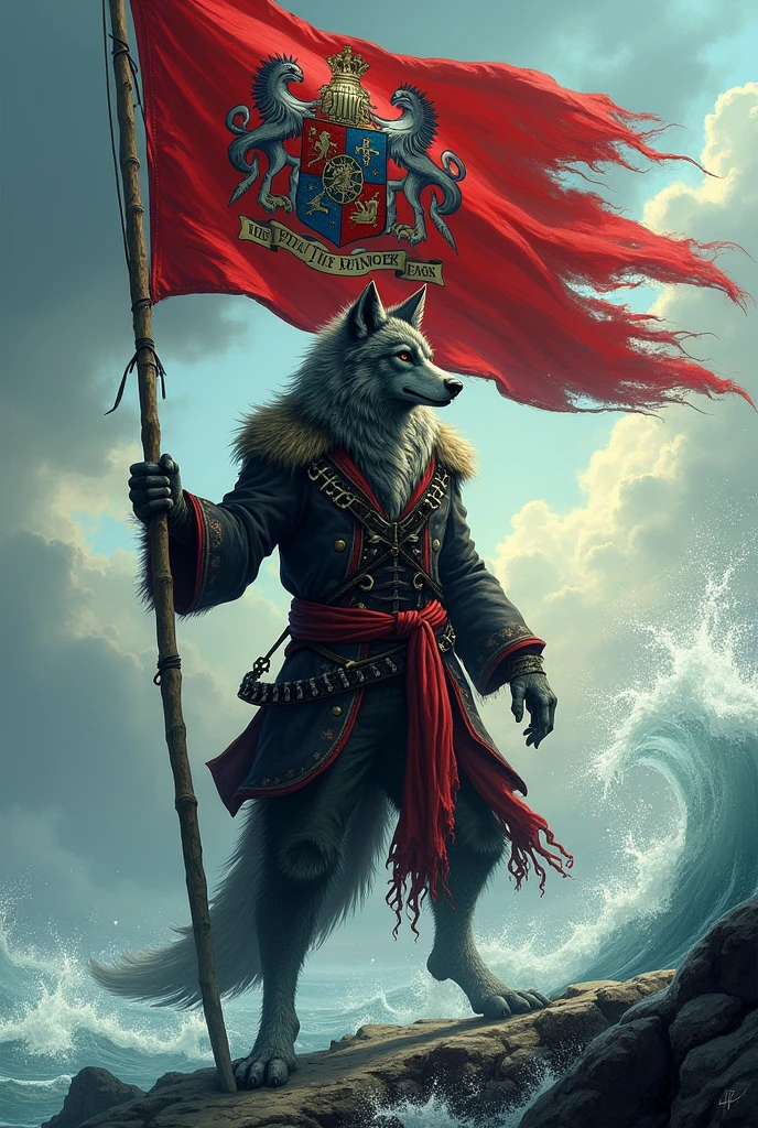 Pirate wolf holding flag with coat of arms written on it Loba solitaria studio Arte