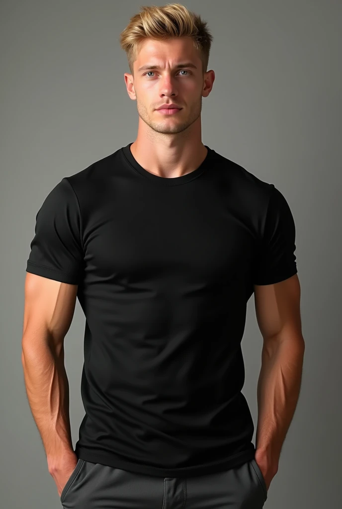 Blond man, 18 years old, cocky, muscular, English man, shirt blond hair, very popular, sexy, footballer, rich, Greek nose, English man, big muscular arms and legs, wears a black shirt and normal pants,