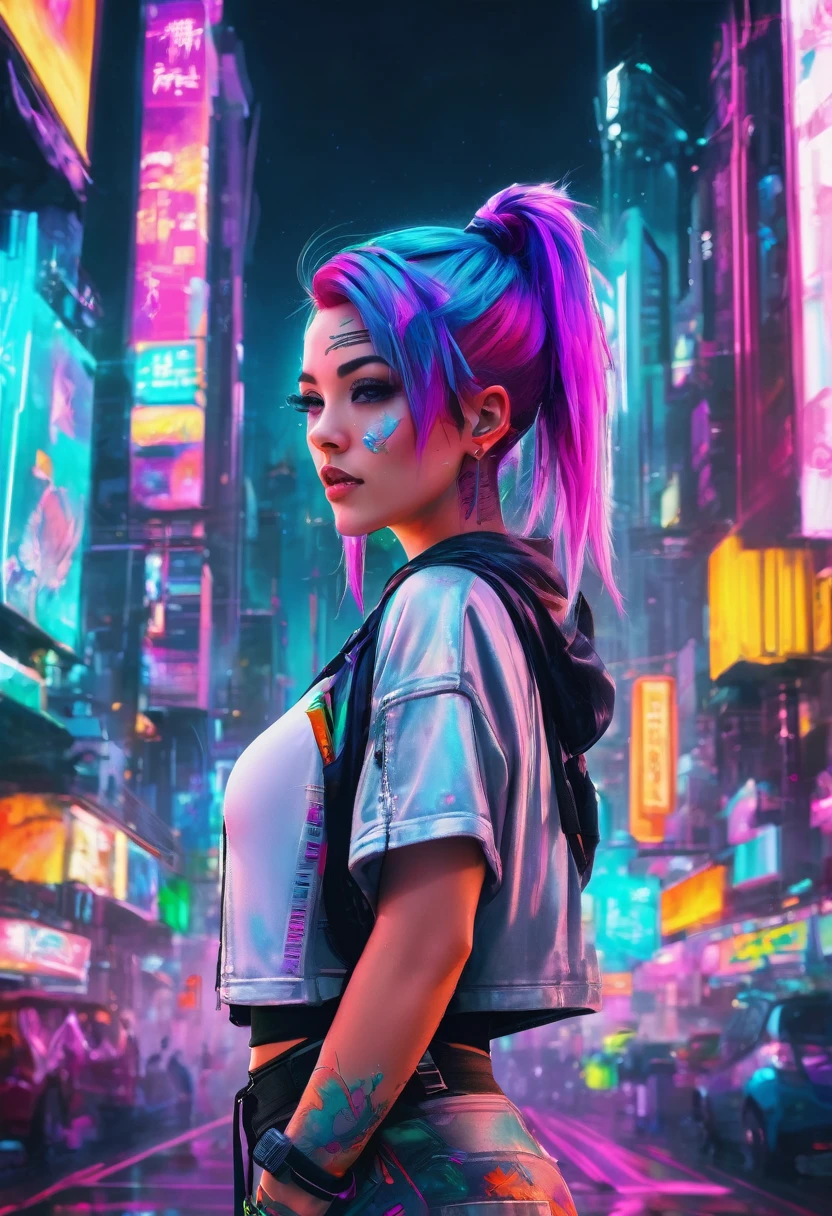 A woman with colorful hair and tattoos standing in a city., cyberpunk art inspired by rossdraws, trend in artstation, psychedelic art, RossDraws Vibrant Pastel, rossdraws vibrant cartoons, cyberpunk vibrant colors, colorful digital painting, colorful art germ!!!, dreamy colorful cyberpunk colors, gorgeous digital art, digital cyberpunk - anime art, colorful aesthetics, cyberpunk style color