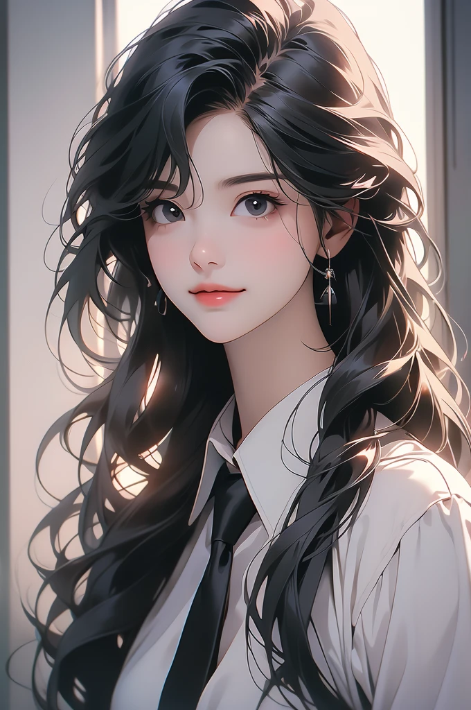 1girl, long raven hair, black office suit, white shirt, ceo, smirk