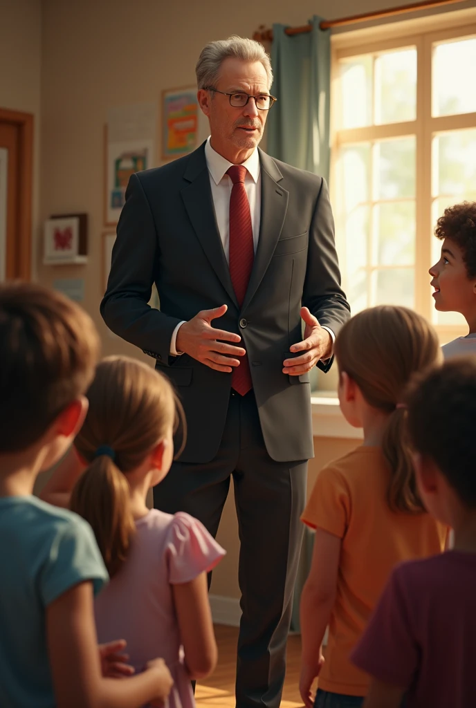 Person in formal dress helping children