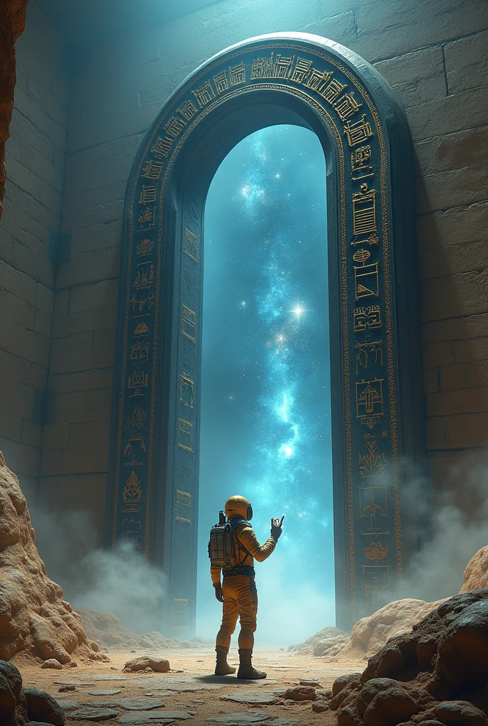 --checkpoint "SeaArt Infinity" --checkpoint "Stable Diffusion 2.1" --lora "Egyptian Art LoRA" --lora "Sci-Fi Concept Art LoRA" --lora "Surrealism LoRA" --lora "Detailed Characters LoRA" --lora "Architectural LoRA" a solitary explorer, with eyes wide open in fascination and determination, holds a luminescent analysis device. His golden spacesuit, adorned with Egyptian hieroglyphs, reflects the intense light from two monolithic infinity-shaped portals, positioned side by side to form a horizontal figure 8. The portals, carved from black and shiny obsidian, emanate a pulsating sapphire-blue energy flow, creating a stellar vortex that distorts the surrounding space-time. Ancient Egyptian hieroglyphs, which seem to narrate a cosmic story, cover the surface of the portals, emitting a soft golden luminescence. Colossal ruins of an ancient alien civilization, with pyramidal and sphinx-like architecture, stretch into the background. The ruins, shrouded in a silver mist, appear to have been built as a stellar sanctuary. The explorer, with an enigmatic smile, points the device at one of the portals, while the fossilized remains of reptilian-like humanoid creatures scattered throughout the ruins testify to the grandeur and decay of a lost civilization. The starry sky, filled with nebulas and supernovas, serves as a backdrop for this epic scene. Artistic style: Egyptian sci-fi with touches of cosmic surrealism. Dramatic lighting, with rays of light cutting through the mist and highlighting the hieroglyphs and geometric shapes of the ruins and portals. The atmosphere is one of mystery and hope, suggesting that the explorer is about to unveil a cosmic secret.