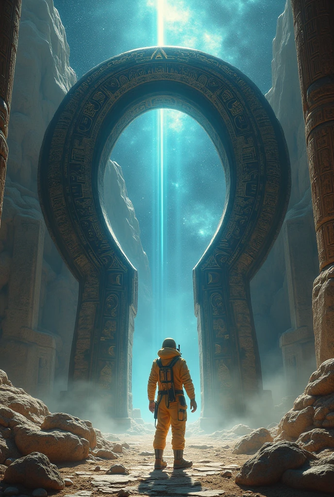 --checkpoint "SeaArt Infinity" --checkpoint "Stable Diffusion 2.1" --lora "Egyptian Art LoRA" --lora "Sci-Fi Concept Art LoRA" --lora "Surrealism LoRA" --lora "Detailed Characters LoRA" --lora "Architectural LoRA" a solitary explorer, with eyes wide open in fascination and determination, holds a luminescent analysis device. His golden spacesuit, adorned with Egyptian hieroglyphs, reflects the intense light from two monolithic infinity-shaped portals, positioned side by side to form a horizontal figure 8. The portals, carved from black and shiny obsidian, emanate a pulsating sapphire-blue energy flow, creating a stellar vortex that distorts the surrounding space-time. Ancient Egyptian hieroglyphs, which seem to narrate a cosmic story, cover the surface of the portals, emitting a soft golden luminescence. Colossal ruins of an ancient alien civilization, with pyramidal and sphinx-like architecture, stretch into the background. The ruins, shrouded in a silver mist, appear to have been built as a stellar sanctuary. The explorer, with an enigmatic smile, points the device at one of the portals, while the fossilized remains of reptilian-like humanoid creatures scattered throughout the ruins testify to the grandeur and decay of a lost civilization. The starry sky, filled with nebulas and supernovas, serves as a backdrop for this epic scene. Artistic style: Egyptian sci-fi with touches of cosmic surrealism. Dramatic lighting, with rays of light cutting through the mist and highlighting the hieroglyphs and geometric shapes of the ruins and portals. The atmosphere is one of mystery and hope, suggesting that the explorer is about to unveil a cosmic secret.