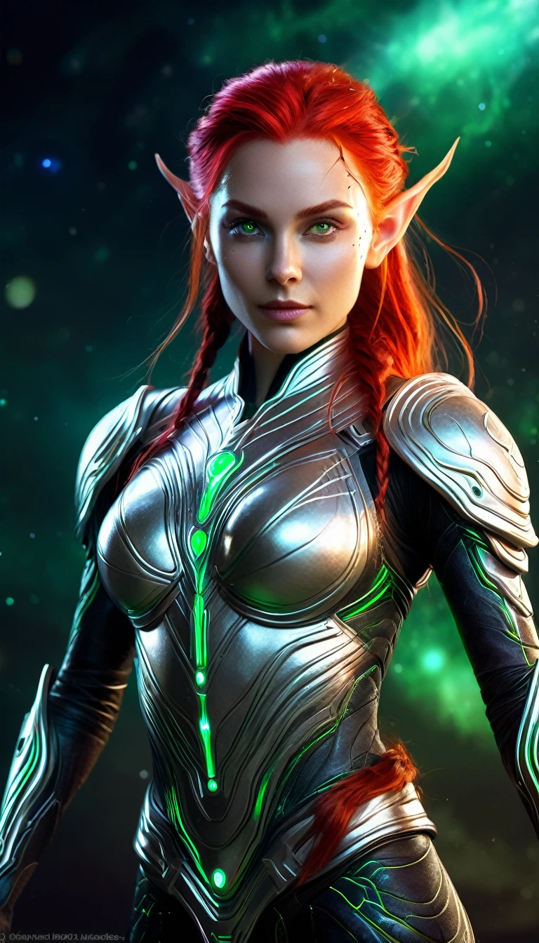 (photorealism:1.2), Full length portrait of a stunning young alien warrior: athletic build, Large lush breasts, pale lilac skin with a pearlescent sheen and barely noticeable scales on the shoulders, Oval face with high cheekbones, large almond-shaped green glowing eyes without pupils, Little Elven Ears, fiery red flowing hair with bioluminescent glowing streaks, They look like silver constellations... patterns on cheeks and temples, sharp fangs are visible in a confident half-smile, long fingers with small webs and suction cups, glowing points along the spine, color change depending on emotions, A decisive expression, ready to fight pose with futuristic weapon, Tight-fitting armor, small gills behind the ears, Detailed sci-fi concept art in 8k resolution"