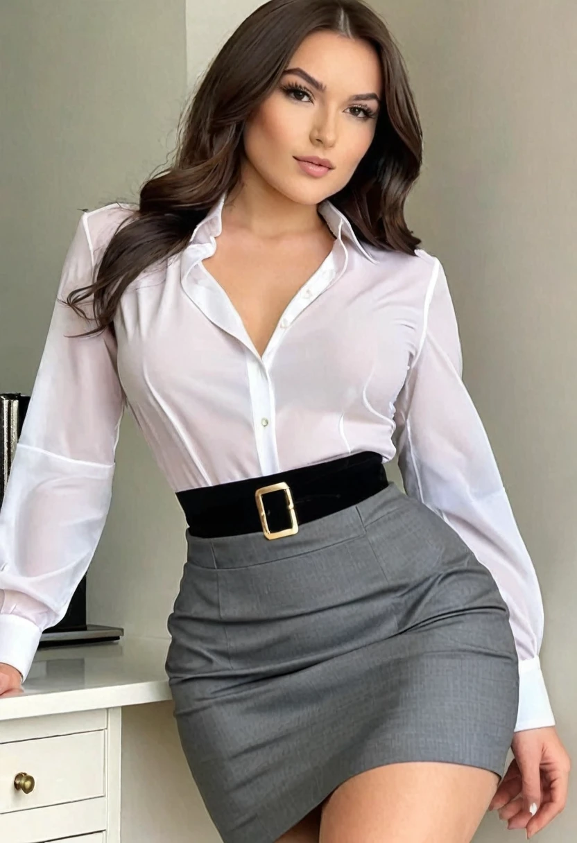 (((high quality:1.2))), Work of art, (8k), extremely detailed, ((High detail:1.2)) ((best resolution)), Solo, ((24 years old brunette female:1.34)), (blouse, pencil skirt), (hot perfect hourglass-shaped body),