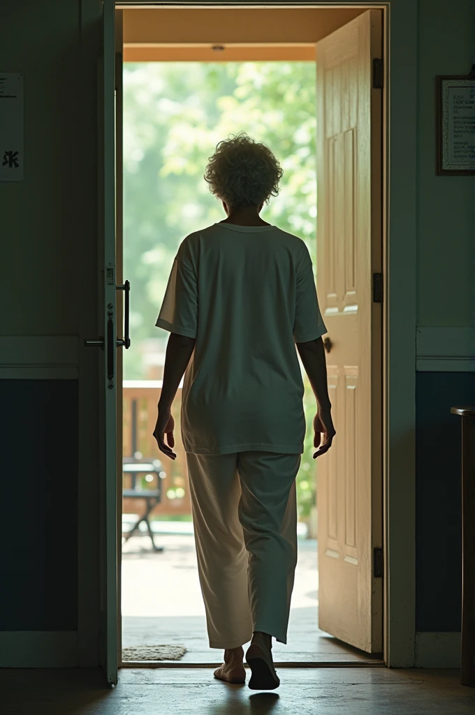 A person entering a door as a young person and coming out as an old woman