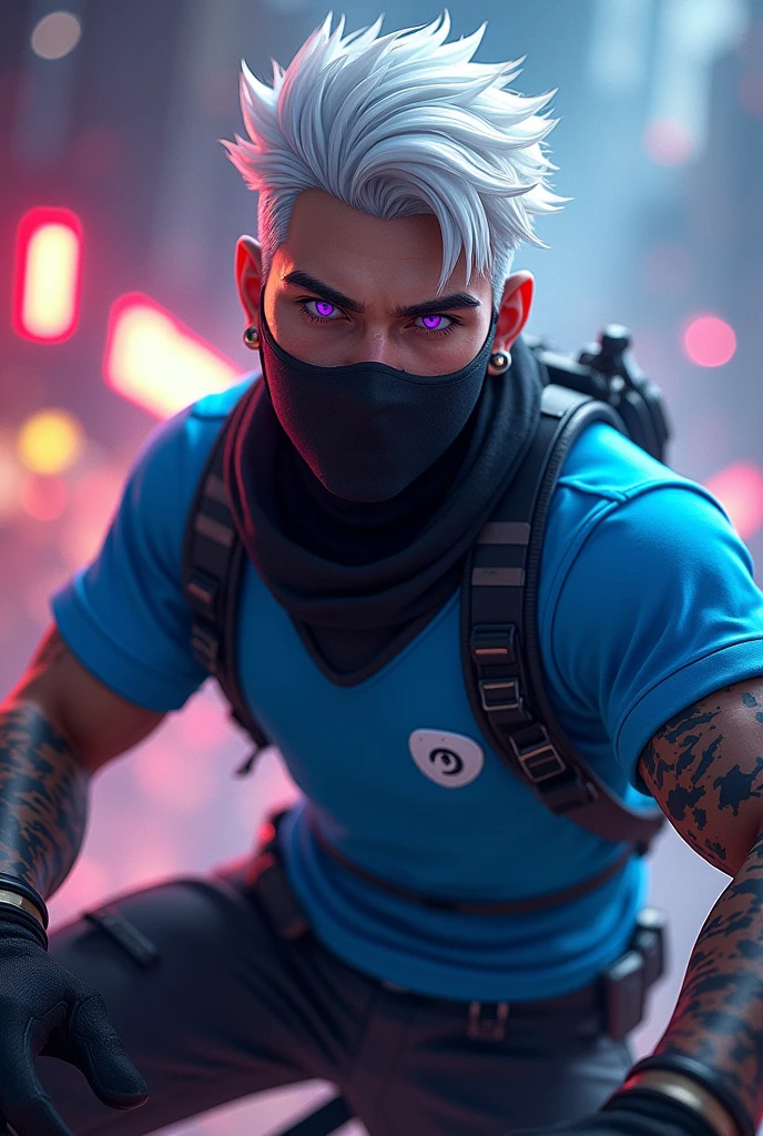 Free fire style male character, White hair, purples eyes, black mask, blue team shirt