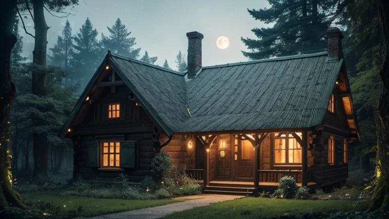 A small, cozy wooden cottage hidden deep within an enchanted forest. The house is overgrown with vines and moss, with smoke curling out of the chimney. A mysterious, wise-looking witch with a long cloak and a pointed hat stands at the doorway, holding a lantern that emits a warm glow. The forest is full of towering, ancient trees with twisted roots, and the scene is illuminated by fireflies and the soft light of the full moon.