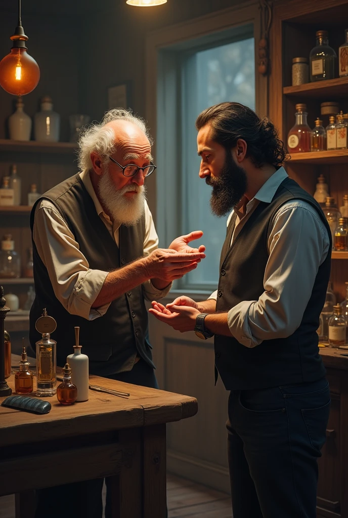 The old man was impressed and amazed by the perfume that the young man made.