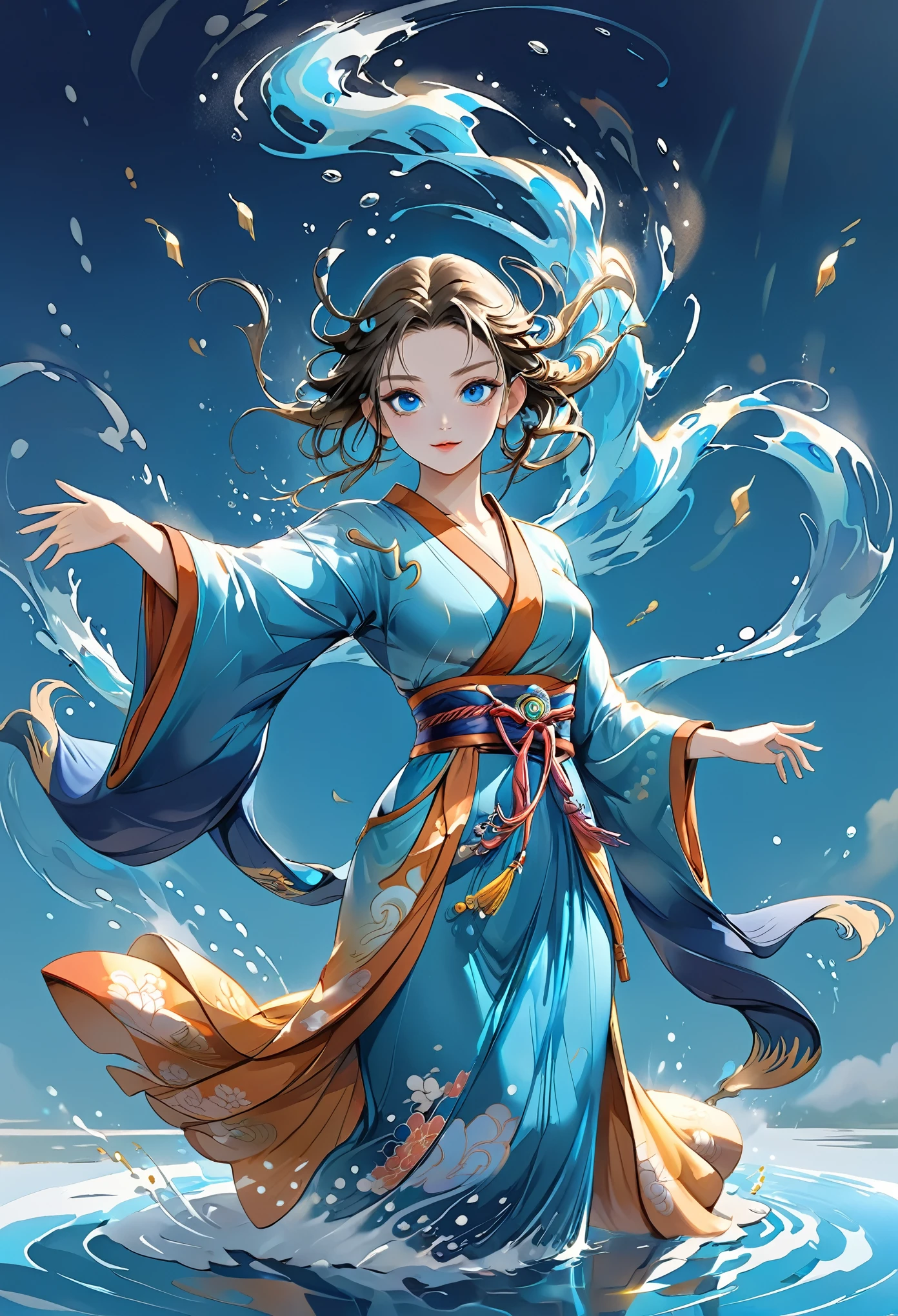 full body illustration, magical dance pose, gorgeous female air and water wizzard in traditional kimono, magical female monk, blue shiny eyes, gorgeous big cute eyes, gorgeous woman, big chest